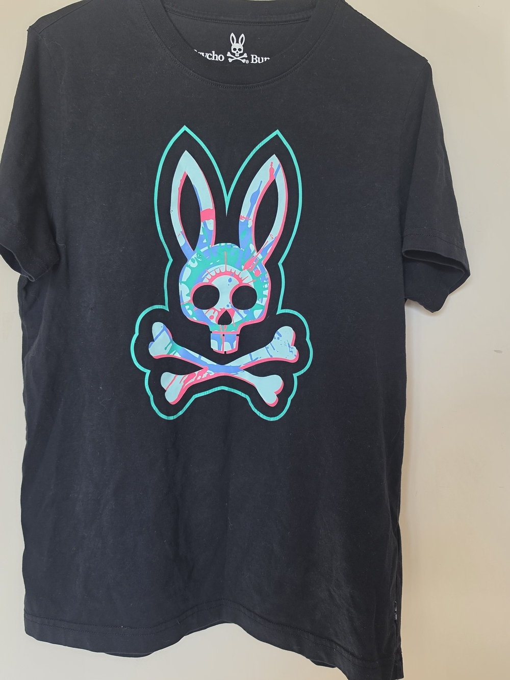 Psycho Bunny Black Tee with Teal Outline & Pink/Blue Graphic